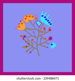 Card with stylized bouquets on a light blue background. Handmade.