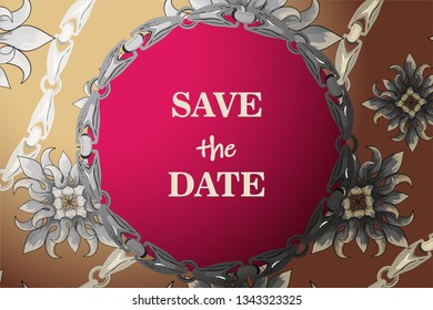 Card with stylized lily flowers in retro style. Save the date