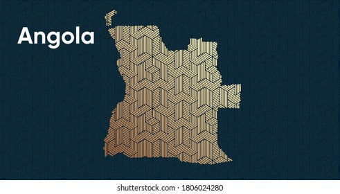 Card with a stylized oriental overlapping pattern and a transform effect. Oriental gold pattern with overlap superimposed on map. angola Political Map