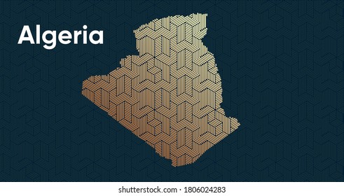 Card with a stylized oriental overlapping pattern and a transform effect. Oriental gold pattern with overlap superimposed on map. algeria Political Map