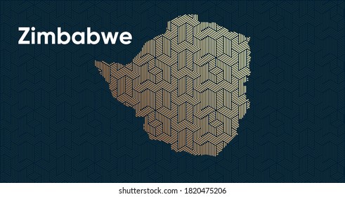Card with a stylized oriental overlapping pattern and a transform effect. Oriental gold pattern with overlap superimposed on map. Zimbabwe Political Map