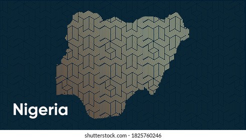 Card with a stylized oriental overlapping pattern and a transform effect. Oriental gold pattern with overlap superimposed on map. Nigeria Political Map