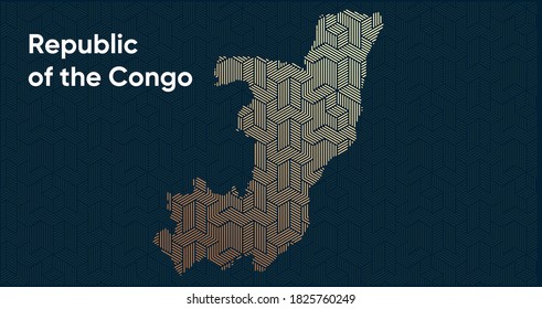 Card with a stylized oriental overlapping pattern and a transform effect. Oriental gold pattern with overlap superimposed on map. Republic of the Congo Political Map