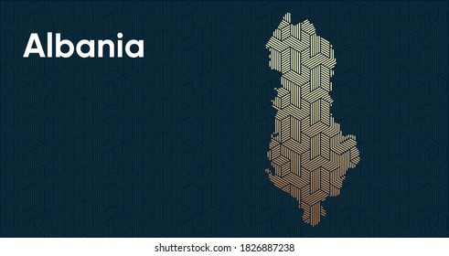 Karte mit stilisiertem orientalischem überlappendem Muster und transformiertem Effekt. Orientales Goldmuster mit Überlappung auf der Karte. Albanien Politische Karte