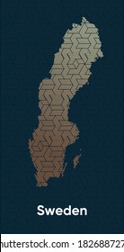 Tarjeta con un estilizado patrón oriental de solapamiento y un efecto de transformación. Patrón de oro oriental con superposición superpuesta en el mapa. mapa político de suecia