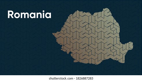 Card with a stylized oriental overlapping pattern and a transform effect. Oriental gold pattern with overlap superimposed on map. romania Political Map