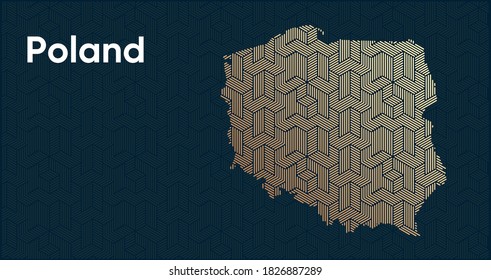 Card with a stylized oriental overlapping pattern and a transform effect. Oriental gold pattern with overlap superimposed on map. poland Political Map