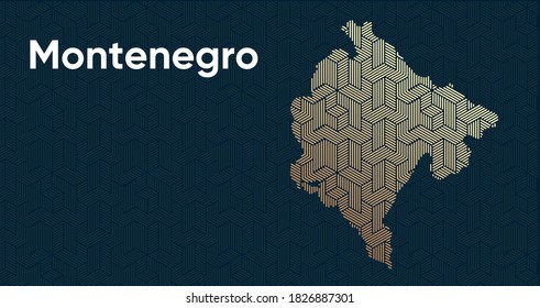 Card with a stylized oriental overlapping pattern and a transform effect. Oriental gold pattern with overlap superimposed on map. Montenegro Political Map