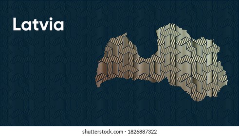Card with a stylized oriental overlapping pattern and a transform effect. Oriental gold pattern with overlap superimposed on map. latvia Political Map