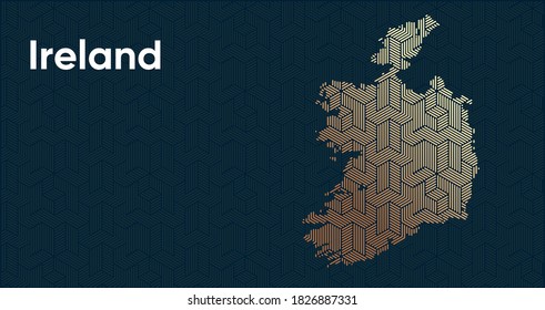 Card with a stylized oriental overlapping pattern and a transform effect. Oriental gold pattern with overlap superimposed on map. Ireland Political Map