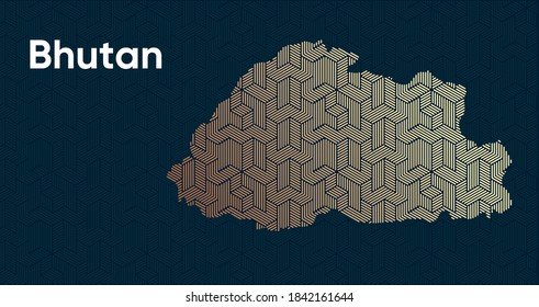 Card with a stylized oriental overlapping pattern and a transform effect. Oriental gold pattern with overlap superimposed on map. bhutan Political Map