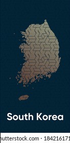 Card with a stylized oriental overlapping pattern and a transform effect. Oriental gold pattern with overlap superimposed on map. South Korea Political Map