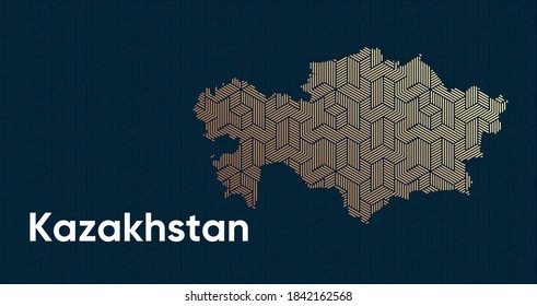 Card with a stylized oriental overlapping pattern and a transform effect. Oriental gold pattern with overlap superimposed on map. Kazakhstan Political Map