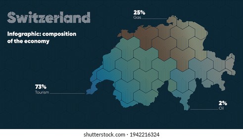 Card with a stylized oriental overlapping pattern and a transform effect. Oriental gold pattern with overlap superimposed on map. Switzerland Political Map. Switzerland country map infographics