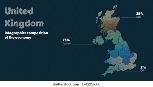 Card with a stylized oriental overlapping pattern and a transform effect. Oriental gold pattern with overlap superimposed on map. united kingdom Political Map. united kingdom country map infographics