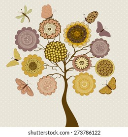 Card with stylized tree and butterflies on beige background