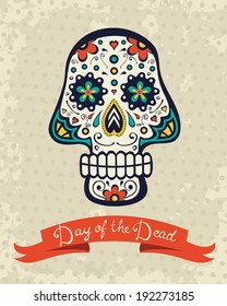 Card with sugar skull on grunge background