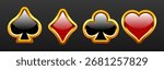 Card suit. 3D card suit in a gold frame. Vector illustration isolated on a dark background.