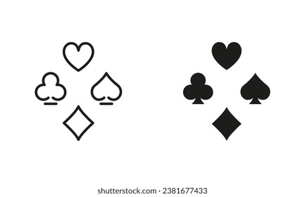 Card Suit, Gambling Spade Line and Silhouette Black Icon Set. Playing Card. Casino Game Pictogram. Poker Play Suit Symbol Collection. Black Jack Club in Las Vegas Symbol. Isolated Vector Illustration.