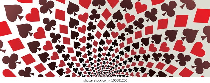 Card suit. Hearts, diamonds, spades and clubs. Playing cards. Op art. Vector illustration. Panorama.