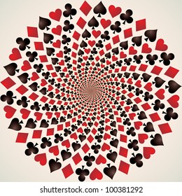 Card suit. Hearts, diamonds, spades and clubs. Playing cards. Op art. Vector illustration.