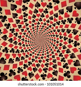 Card suit. Hearts, diamonds, spades and clubs. Playing cards. Op art. Vector illustration.