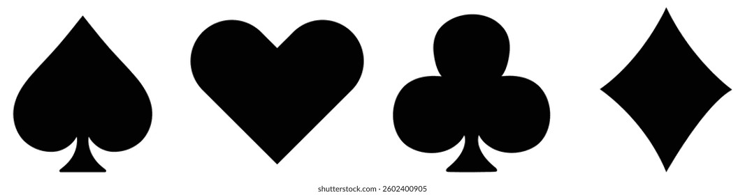 Card suit icon set featuring spade, heart, club, and diamond symbols used for playing cards, games, and navigation markers.
