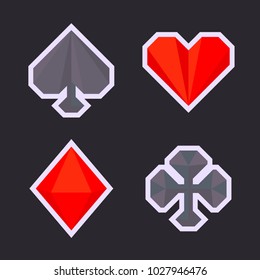 Card suit icon set isolated on dark background. Geometric pattern. Low poly illustration. 100% vector scalable.