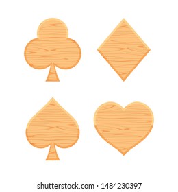 card suit icon wooden isolated on white background, symbol card clubs diamonds hearts and spades shape, wood sign club diamond heart and spade, illustration wooden card icon set