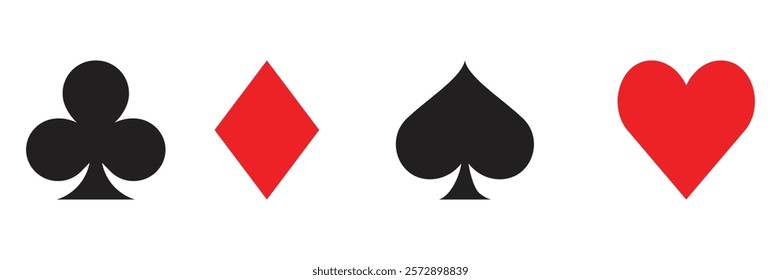 Card suit icons including spades, hearts, diamonds, and clubs. Great for casinos, card game visuals, and gambling-related graphic projects.