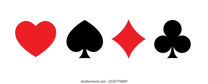 Card suit icons set, clubs, diamonds, hearts, spades symbols, Casino Poker and gambling graphic elements, red and black vector design elements