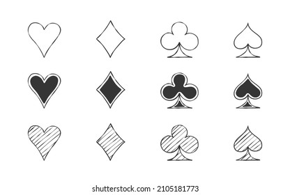 Card suit icons set. Symbols of cards suit. Playing card suit hand drawn. Vector image