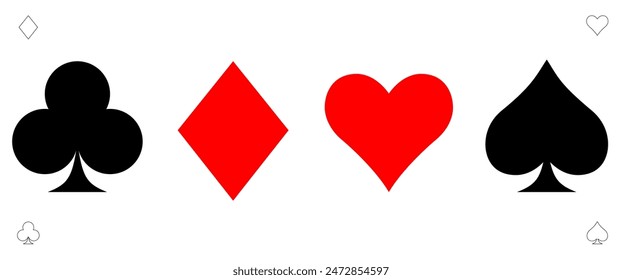 Card suit icons vector, clubs diamonds hearts spades icons, Casino Poker and gambling graphic elements, Outline icon, red, black 