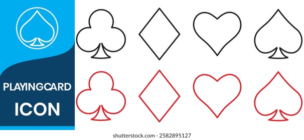 Card suit icons vector, clubs diamonds hearts spades icons, Casino Poker and gambling graphic elements, Outline icon, red, black. Playing Cards icons isolated on white background. Vector illustration.