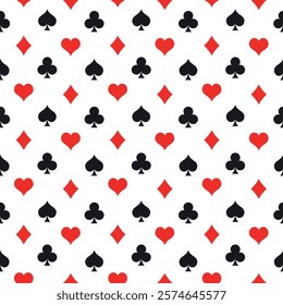 Card suit pattern in royal style. Seamless pattern background of poker suits - arranged in the rows on white background. Casino gambling theme vector illustration.