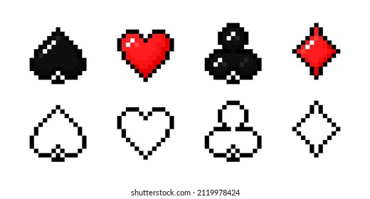 Card suit pixel icon set. Poker 8 bit heart, spade, club and diamond collection.