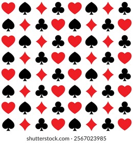 card suit seamless pattern, casino gambling, hearts, clubs, spades and diamonds shapes, red and black poker background