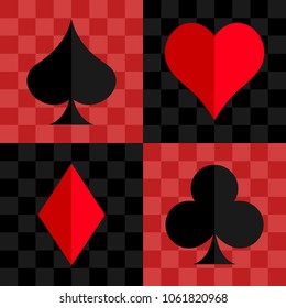 Card Suit Set Flat Style Half Shadow Two Tone Color on Grid Pattern. Vector Illustration