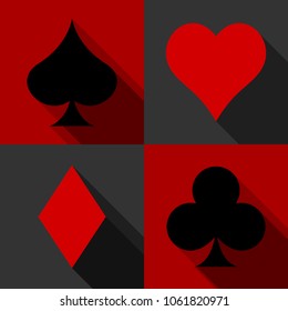 Card Suit Set Flat Style Long Shadow Two Tone Color. Vector Illustration