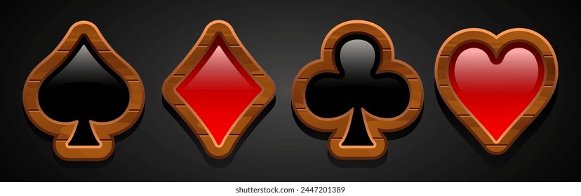 Card suit symbol. 3D card suit in a wooden frame. Vector illustration isolated on a dark background.