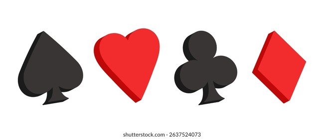 Card suits 3d. Hearts, clubs, diamonds, spades. Set of vector icons isolated on white background.
