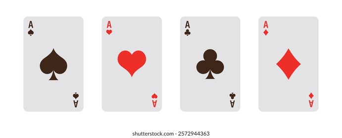 Card suits. All types of playing, poker cards on white background.
Vegas casino red and white poker cards in row. Gambling addiction, risky money, lucky game. Vector illustration.
