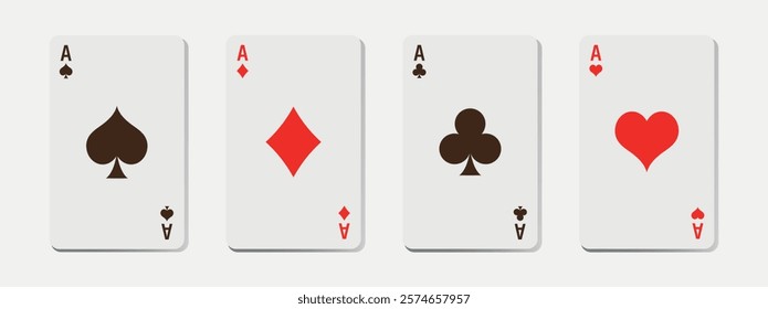 Card Suits- All Types of Playing and Poker Cards on a White Background. Vegas Casino Red and White Poker Cards Arranged in Rows. Gambling Addiction, Risky Money, Lucky Game. Vector Illustration.