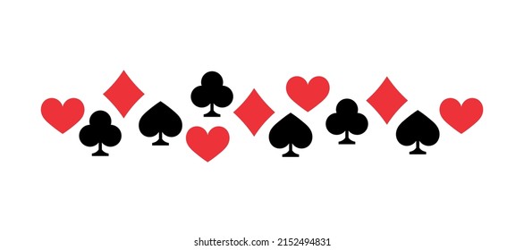 Card suits black red pattern line. Decorative element, playing cards, casino. Risk, gambling - card suits border line. Signs and symbols - hearts, diamonds, clubs and spades.