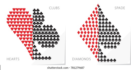 Card Suits Clubs Diamonds Hearts Spades Made of Clubs Diamonds Hearts Spades Accordingly - Black and Red Symbols Set on White Paper Effect Background - Vector Flat Graphic Design