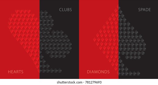 Card Suits Clubs Diamonds Hearts Spades Made of Clubs Diamonds Hearts Spades Accordingly - Black and Red Relief Symbols Set on Similar Background - Vector Gradient Graphic Design