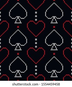 Card suits, diamonds, spades, hearts and clubs. Geometric background. Imitation cross stitch. Seamless decorative design.