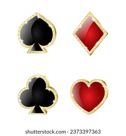 Card suits in gold frame: Hearts, spades, diamonds, clubs. Isolated,decorated with vector diamonds. Vector illustration