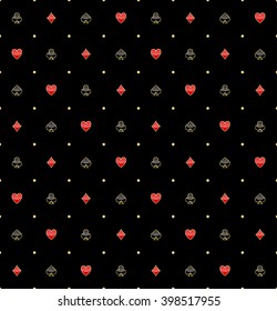 Card suits in gold rim seamless pattern. Black background.