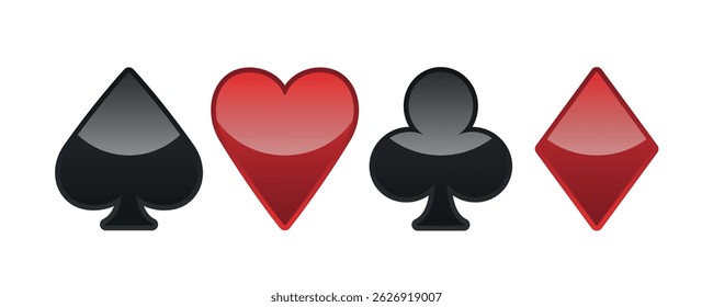 Card suits. Hearts, clubs, diamonds, spades. Set of vector icons isolated on white background.